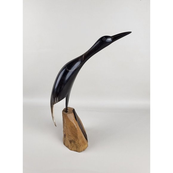 Crane Bird Hand Carved Horn Sculpture on Wood Base MCM Artist Marked - Picture 6 of 12